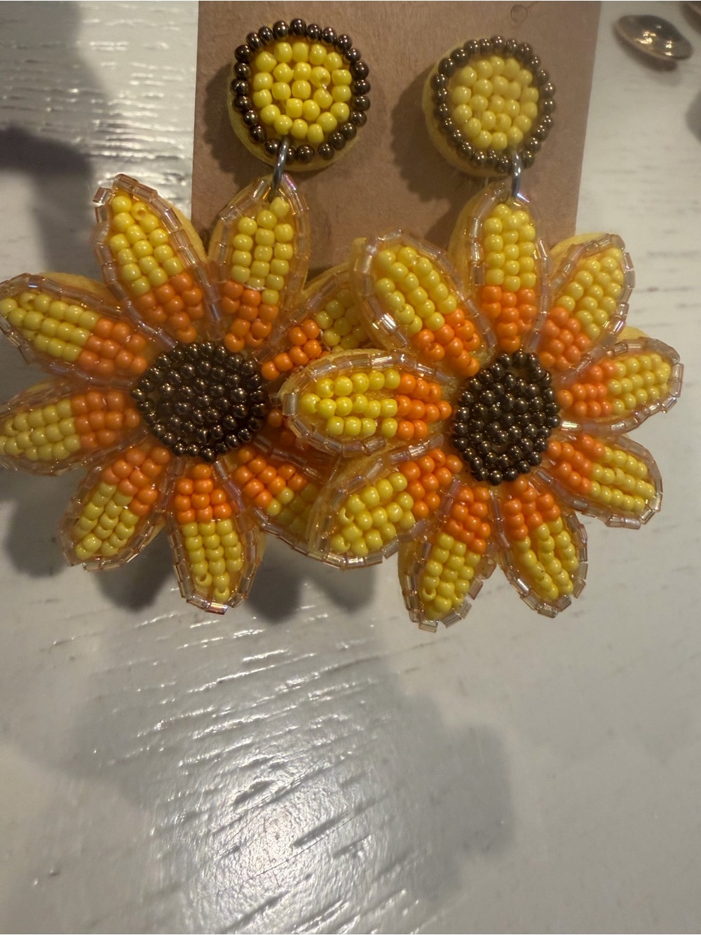 Beaded Sunflower Drop Earrings - Yellow & Orange